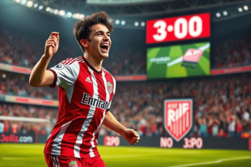 Franco Mastantuono celebrando un gol en un partido de River Plate, destacándose como una promesa del fútbol argentino.