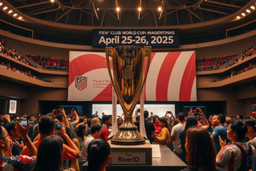 El Trofeo del Mundial de Clubes 2025 en el Museo River Plate, exhibido para los visitantes.