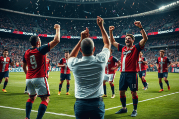 Jugadores de River Plate celebrando tras el triunfo en el Superclásico contra Boca Juniors con Marcelo Gallardo mostrando su alegría.