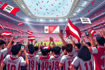 Aficionados de River Plate celebrando la victoria sobre Boca Juniors en el superclásico, con memes divertidos y alegría en el Estadio Monumental.