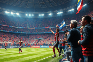 Jugadores de River Plate celebrando su victoria en el Superclásico contra Boca Juniors, destacando la emoción de sus aficionados.