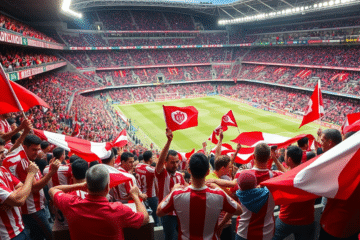 Aficionados de River Plate preparándose para el Superclásico contra Boca Juniors, con banderas y un ambiente festivo en el Estadio Monumental.