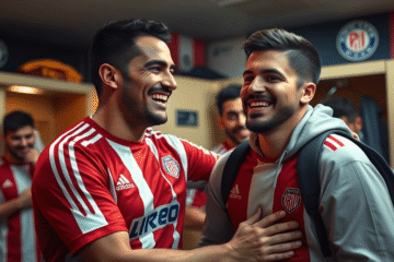 Jonatan Maidana durante su visita al vestuario de River Plate, compartiendo momentos con el plantel y elogiando al joven Franco Mastantuono.