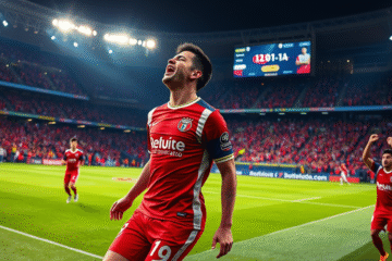 Miguel Borja celebra su primer gol en el partido entre River Plate y Sarmiento en el Torneo Apertura 2025.