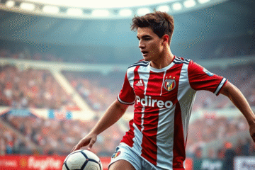 Santino Giletti, atacante jovem do River Plate, em ação no campo, demonstrando sua habilidade e força
