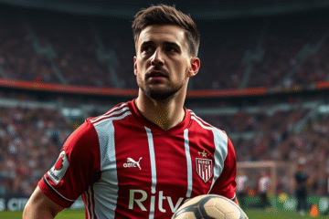 Miguel Borja em ação pelo River Plate, enfrentando incertezas sobre seu futuro e contrato.