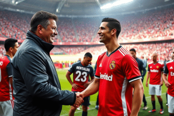 Marcelo Gallardo e Cristiano Ronaldo durante amistoso, destacando a conexão entre eles e a esperança dos torcedores do River Plate.