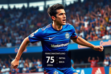 Franco Mastantuono celebrando su gol en el Superclásico, un momento que lo catapultó al estrellato.