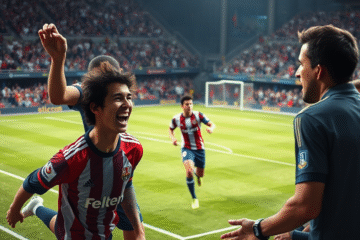 Franco Mastantuono celebra un gol mientras River Plate se enfrenta a Barcelona en un emocionante partido de la Copa Libertadores.