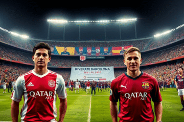 River Plate e Barcelona se enfrentam em jogo amistoso de lendas, com jogadores icônicos em campo.
