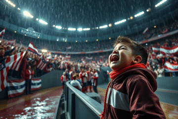 Hinchas de River Plate apoyando al equipo en una noche lluviosa en el Estadio Monumental, con un alcanzapelotas animando a la multitud.