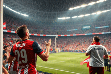 Miguel Borja celebrando el último gol durante el partido entre River Plate y Vélez Sarsfield en el Estadio Monumental.