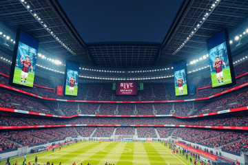 Renderização do novo Estádio Monumental do River Plate com telas digitais e área remodelada.