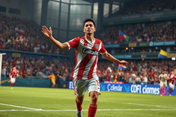 Sebastián Driussi anotando un gol en un partido con River Plate, destacando su racha goleadora en la Copa Libertadores.