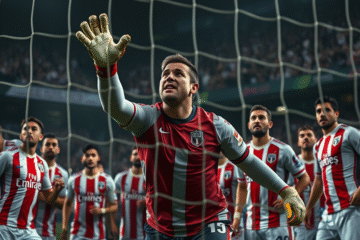 Goleiro Franco Armani defendendo um pênalti durante a partida entre River Plate e Platense nas quartas de final do Torneio Apertura 2025.
