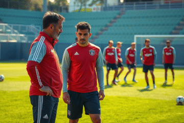 Imagem de Marcelo Gallardo orientando jogadores do River Plate durante o treino.