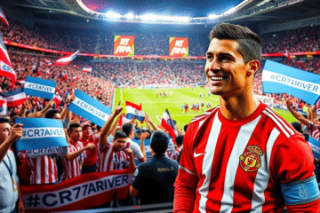 Cristiano Ronaldo em coletiva de imprensa gerando rumores sobre possível convite para River Plate.