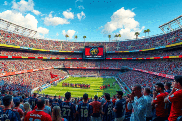 Estádio vazio com destaque para ingressos do Mundial de Clubes