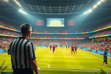 Jogadores do Inter Miami e Al Ahly em campo durante o Mundial de Clubes com inovações como linhas amarelas para substituições e câmera no árbitro.