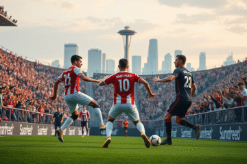 Jogadores do River Plate e do Urawa Red Diamonds em ação durante uma partida de futebol