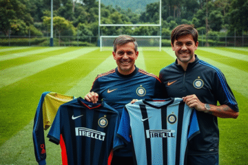 Andrés D'Alessandro tirando fotos com Marcelo Gallardo e Enzo Francescoli no River Camp e entregando camisas do Inter de Porto Alegre.