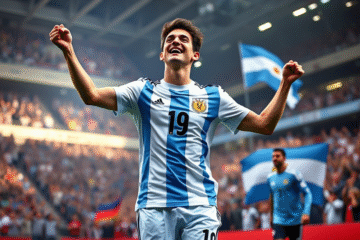 Franco Mastantuono em ação durante seu jogo de estreia pela Seleção Argentina, destacando-se por sua juventude e habilidade.