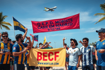 Torcedores do River Plate provocam Boca Juniors com faixa aérea no Mundial de Clubes.