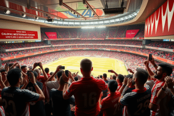 Chori Domínguez sendo homenageado no restaurante Glorias, localizado no Estádio Monumental, com aplausos e autógrafos.