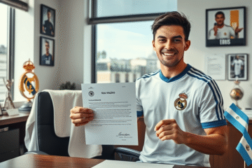Foto de Franco Mastantuono assinando contrato com o Real Madrid