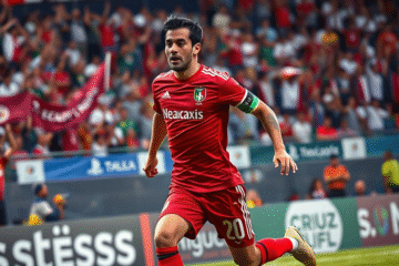 José Paradela durante um jogo pelo Necaxa, destacando-se no futebol mexicano.