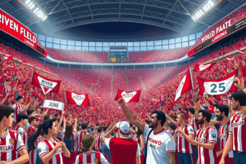 Torcedores do River Plate comemorando em um estádio durante o Mundial de Clubes.