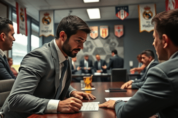 Franco Mastantuono em destaque com o escudo do Real Madrid ao fundo, simbolizando a disputa entre clubes pela sua contratação.