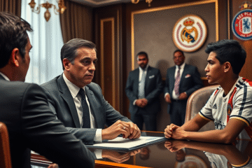 Juni Calafat se reunindo com representantes de Franco Mastantuono durante negociações do Real Madrid.