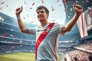 Franco Mastantuono segurando a camisa do Real Madrid após transferência do River Plate.
