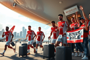 Jogadores do River Plate embarcando para os Estados Unidos para o Mundial de Clubes 2025.