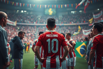 Franco Mastantuono em ação com a camisa do River Plate antes de sua transferência para o Real Madrid.