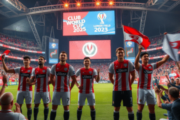 Jogadores do River Plate celebrando vitória no Mundial de Clubes com a torcida entusiasmada ao fundo.