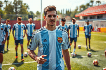 Franco Mastantuono durante treino com a Seleção Argentina ao lado de estrelas do futebol.