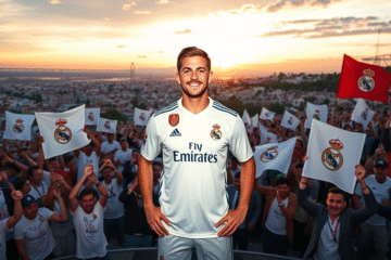 Dean Huijsen vestindo a camisa do Real Madrid durante sua apresentação oficial.
