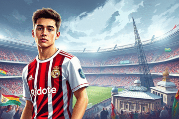 Franco Mastantuono assinando contrato com o Real Madrid, destacando-se como nova estrela com uma cláusula milionária.