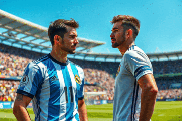 Julián Álvarez e Franco Mastantuono conversando no campo após vitória da Seleção Argentina