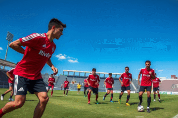 Treinos do River Plate no Camp de Ezeiza enquanto se prepara para a Copa Libertadores e o Mundial de Clubes.