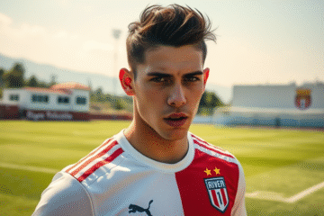 Franco Mastantuono em treinamento, cercado por olheiros do PSG e River Plate.