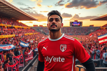 Yassine Bounou wearing goalkeeper gloves, looking determined on the football field