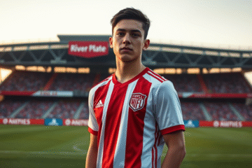 Jovem atacante Bautista Dadín em campo, focado e em ação com uniforme do River Plate.