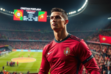 Cristiano Ronaldo durante um jogo de futebol, com destaque para sua performance na final da UEFA Nations League.