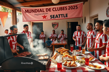 Sócios do River Plate se reunindo para um asado nos quinchos do clube, preparando-se para o Mundial de Clubes 2025.