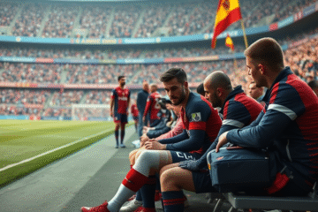 Maximiliano Salas sentado en el campo con dolor en su rodilla izquierda, siendo asistido por personal médico.