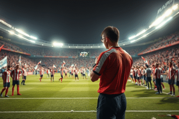 Jugadores de River Plate y San Martín de Tucumán disputando un partido de fútbol en el estadio.