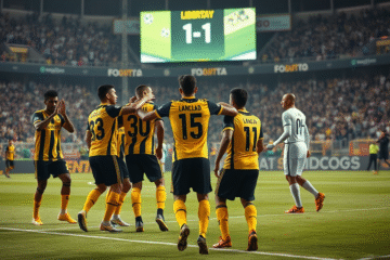 Jugadores de Libertad y Recoleta disputan un partido de fútbol en el Estadio Tigo La Huerta.